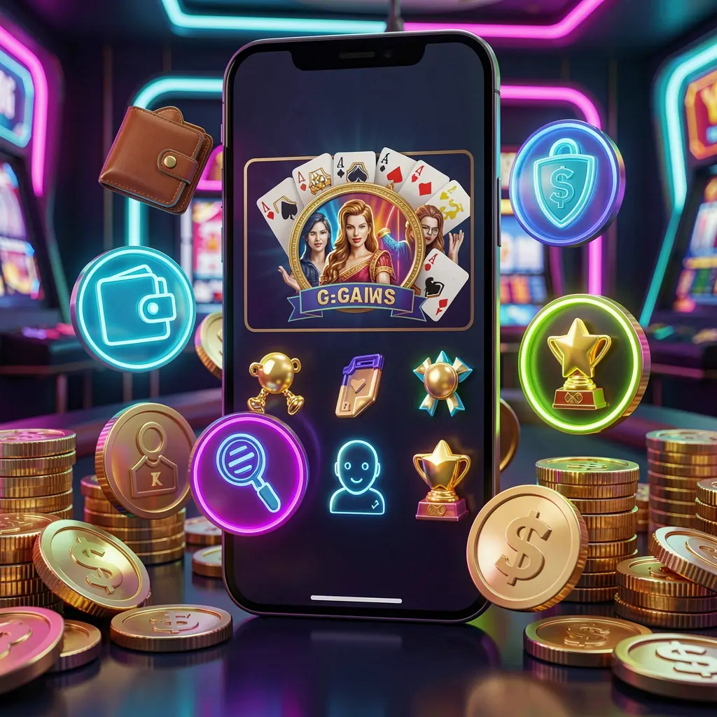 POWER 777 online casino app features displayed on a smartphone surrounded by icons for wallet, games, support, and rewards, with golden coins and neon lights in a luxury 3D render
