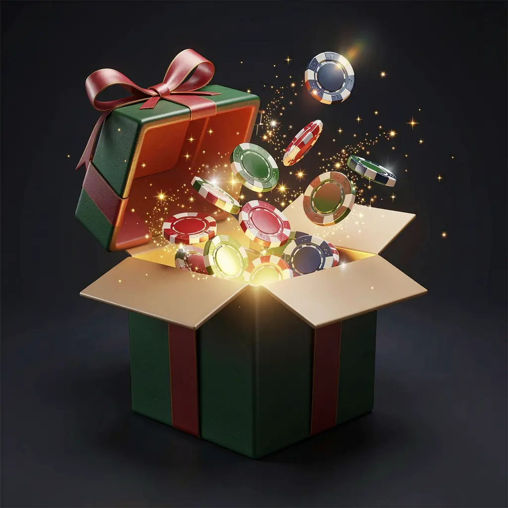 POWER 777 no deposit bonus visual featuring free casino chips emerging from a glowing gift box with magical sparkles against a dark premium background in a realistic 3D render