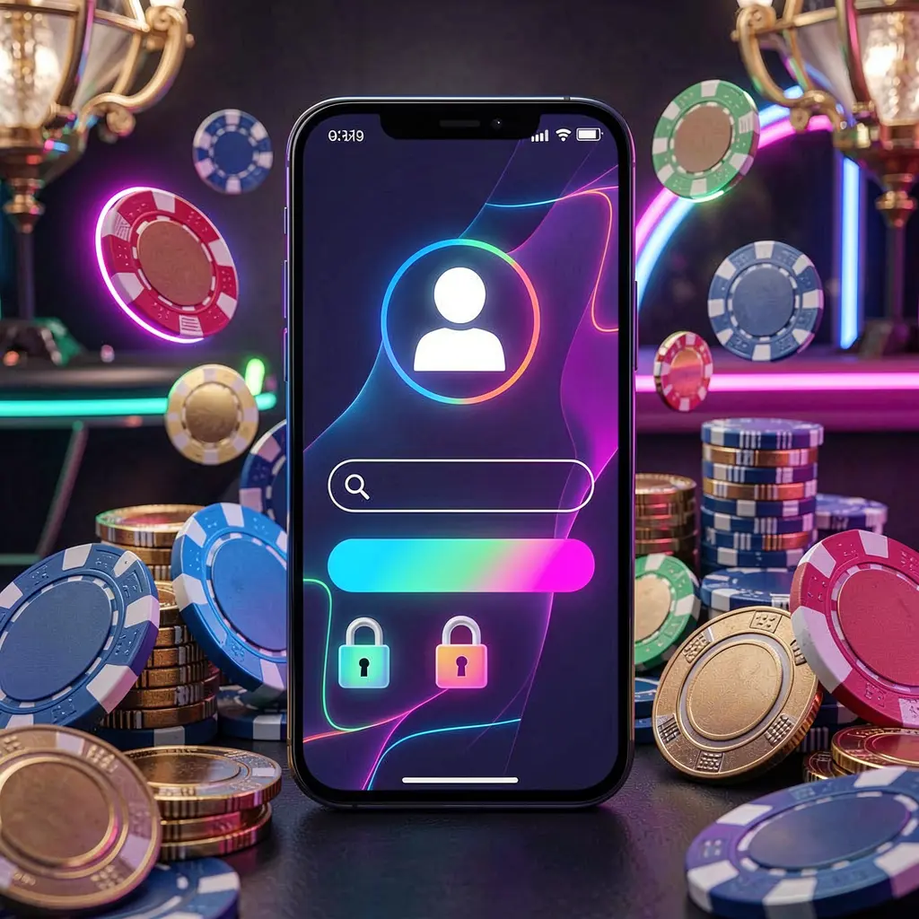 POWER 777 mobile gaming login page concept on a smartphone displaying an abstract login interface with user and lock icons, surrounded by casino chips and coins under luxury neon lighting