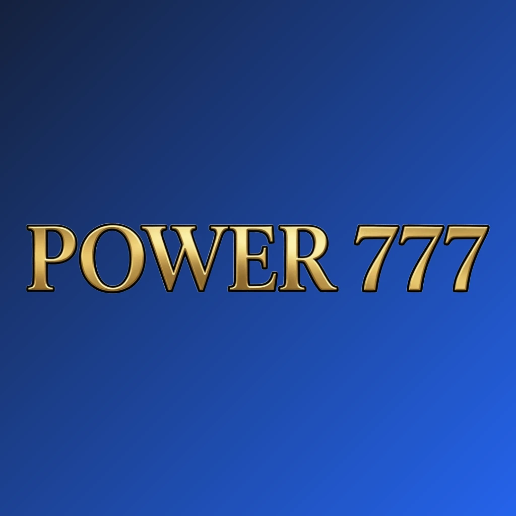 Luxury horizontal rectangular wordmark logo for POWER 777 featuring elegant gold serif typography on a black transparent background with minimal ornament details