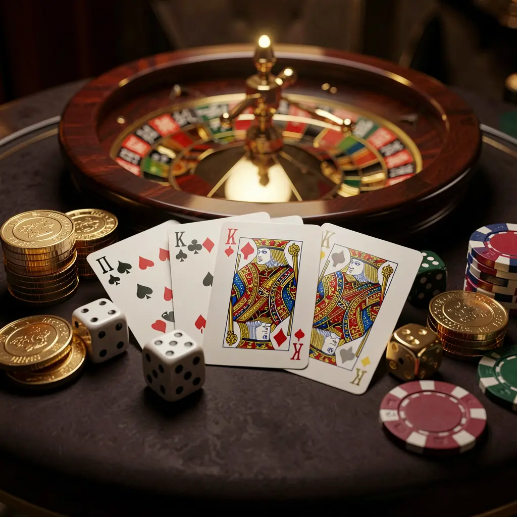 Elegant online casino homepage featuring POWER 777 with royal flush cards, dice, golden coins, poker chips on a dark table, and a glowing roulette wheel in the background in a cinematic 3D render